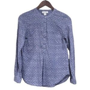 Kenar Womens XS Roll Tab Long‎ Sleeve Blouse Blue Geometric Cotton Top Office